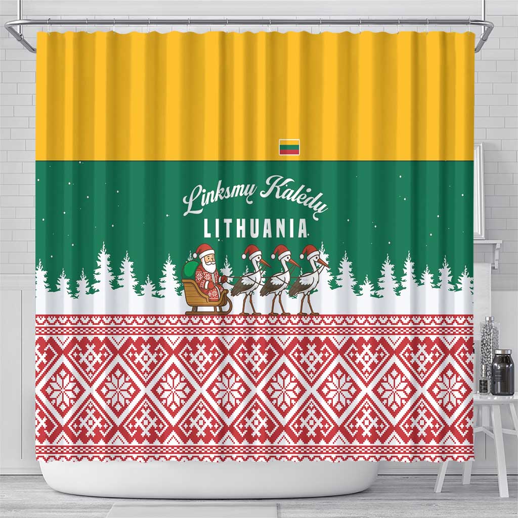 Lithuania Christmas Shower Curtain with Santa Sleigh Pulled by Storks and Folk Pattern Design - Wonder Print Shop