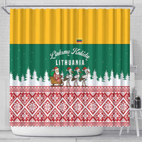 Lithuania Christmas Shower Curtain with Santa Sleigh Pulled by Storks and Folk Pattern Design - Wonder Print Shop