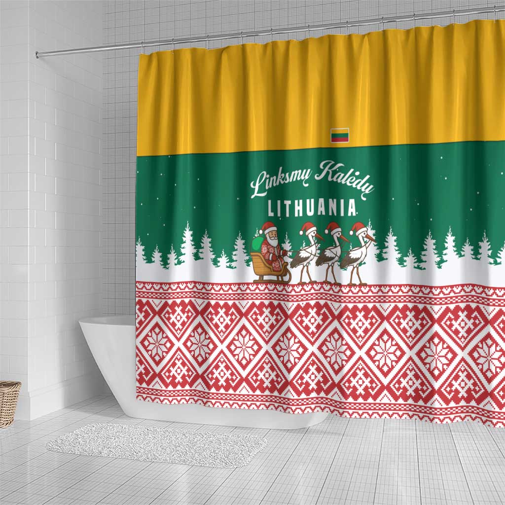 Lithuania Christmas Shower Curtain with Santa Sleigh Pulled by Storks and Folk Pattern Design - Wonder Print Shop
