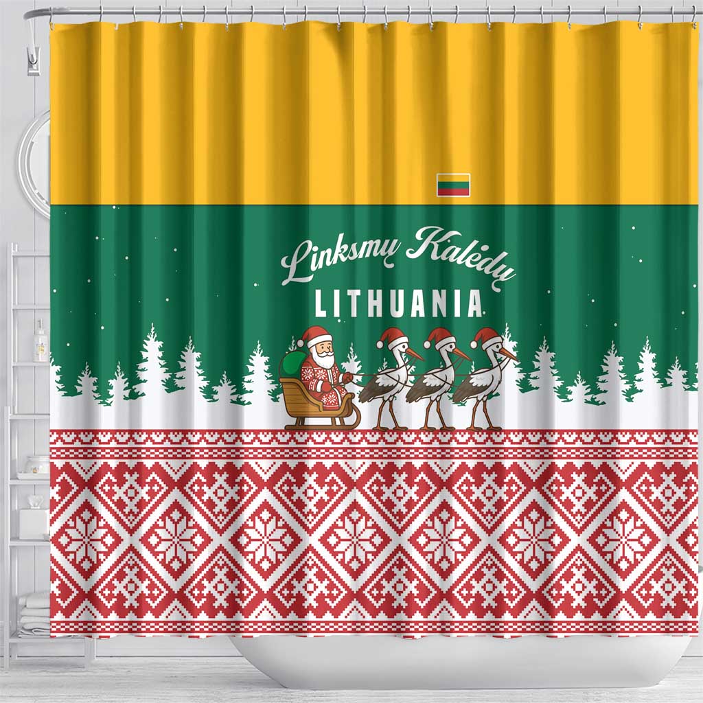 Lithuania Christmas Shower Curtain with Santa Sleigh Pulled by Storks and Folk Pattern Design - Wonder Print Shop