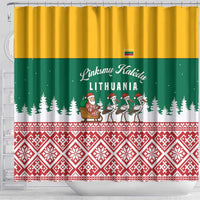 Lithuania Christmas Shower Curtain with Santa Sleigh Pulled by Storks and Folk Pattern Design - Wonder Print Shop