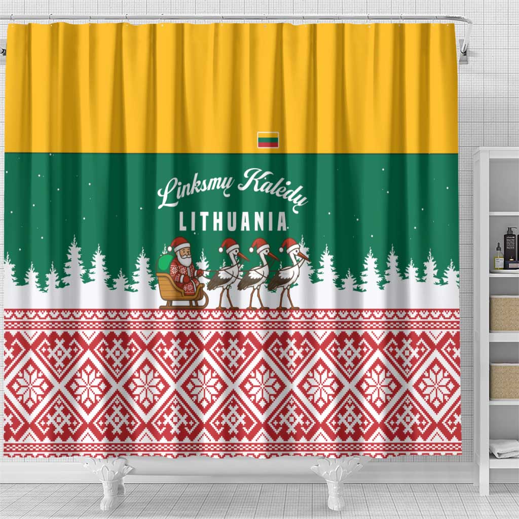 Lithuania Christmas Shower Curtain with Santa Sleigh Pulled by Storks and Folk Pattern Design - Wonder Print Shop
