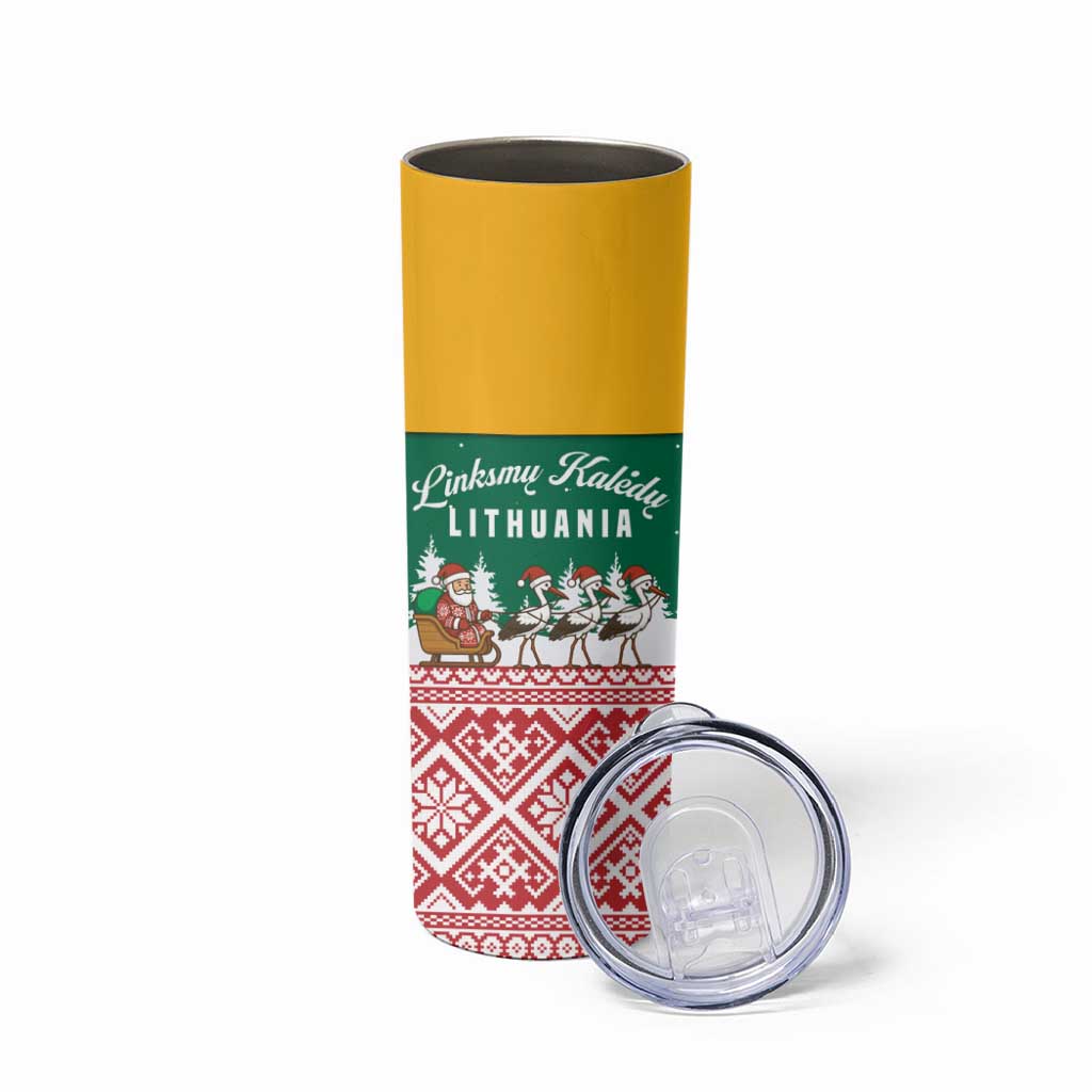 Lithuania Christmas Skinny Tumbler with Santa Sleigh Pulled by Storks and Folk Pattern Design - Wonder Print Shop