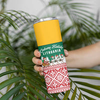 Lithuania Christmas Skinny Tumbler with Santa Sleigh Pulled by Storks and Folk Pattern Design - Wonder Print Shop