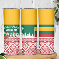 Lithuania Christmas Skinny Tumbler with Santa Sleigh Pulled by Storks and Folk Pattern Design - Wonder Print Shop