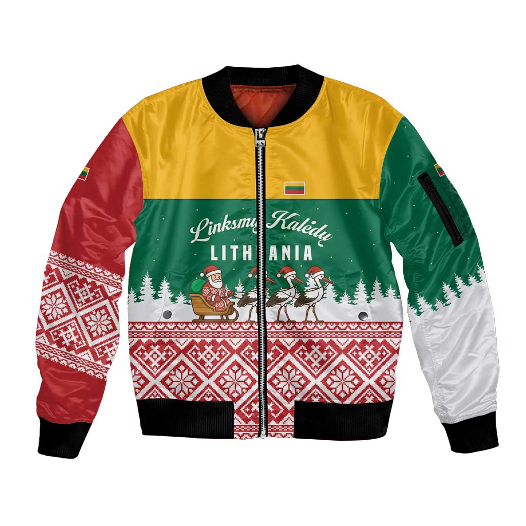 Lithuania Christmas Sleeve Zip Bomber Jacket with Santa Sleigh Pulled by Storks and Folk Pattern Design - Wonder Print Shop