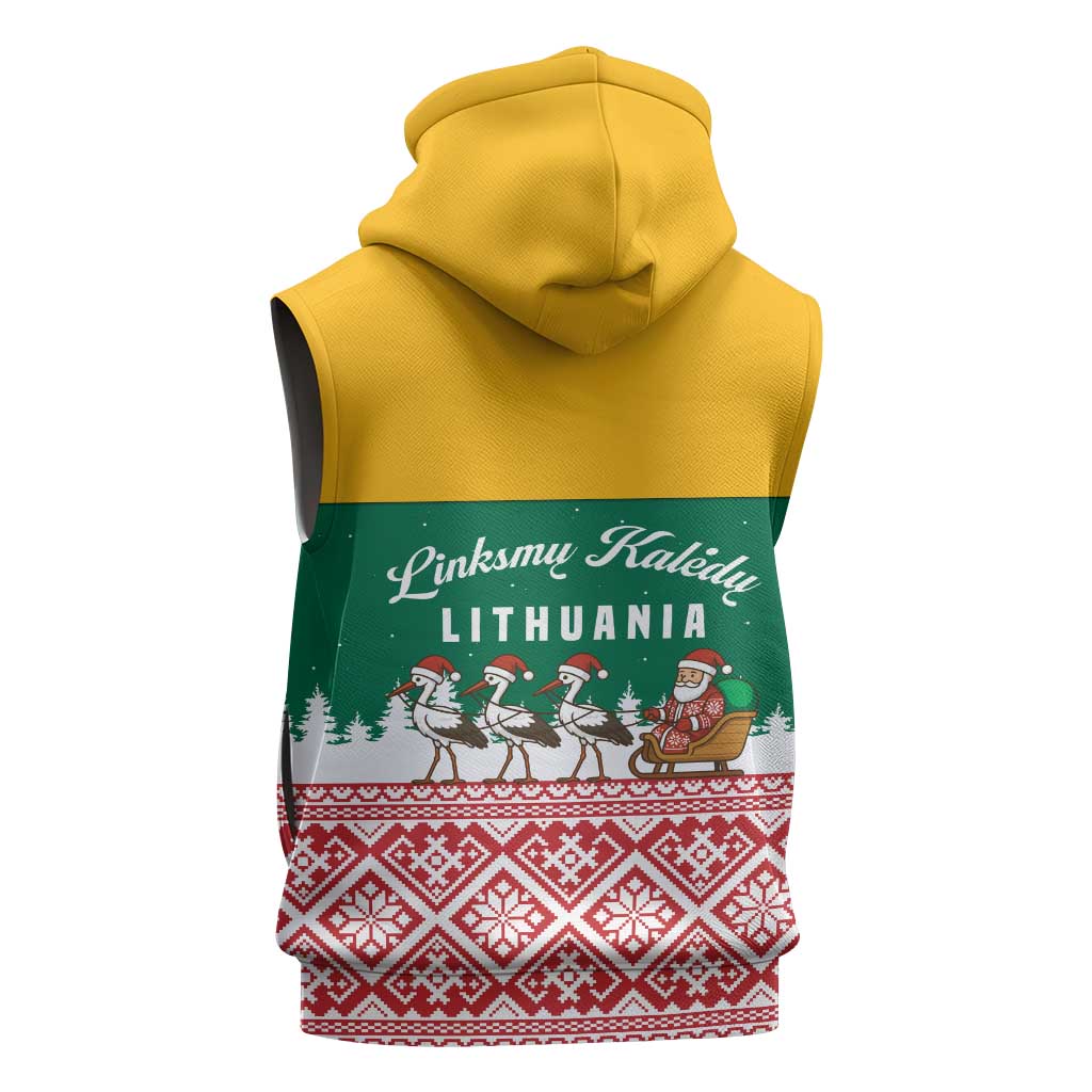 Lithuania Christmas Sleeveless Hoodie with Santa Sleigh Pulled by Storks and Folk Pattern Design - Wonder Print Shop