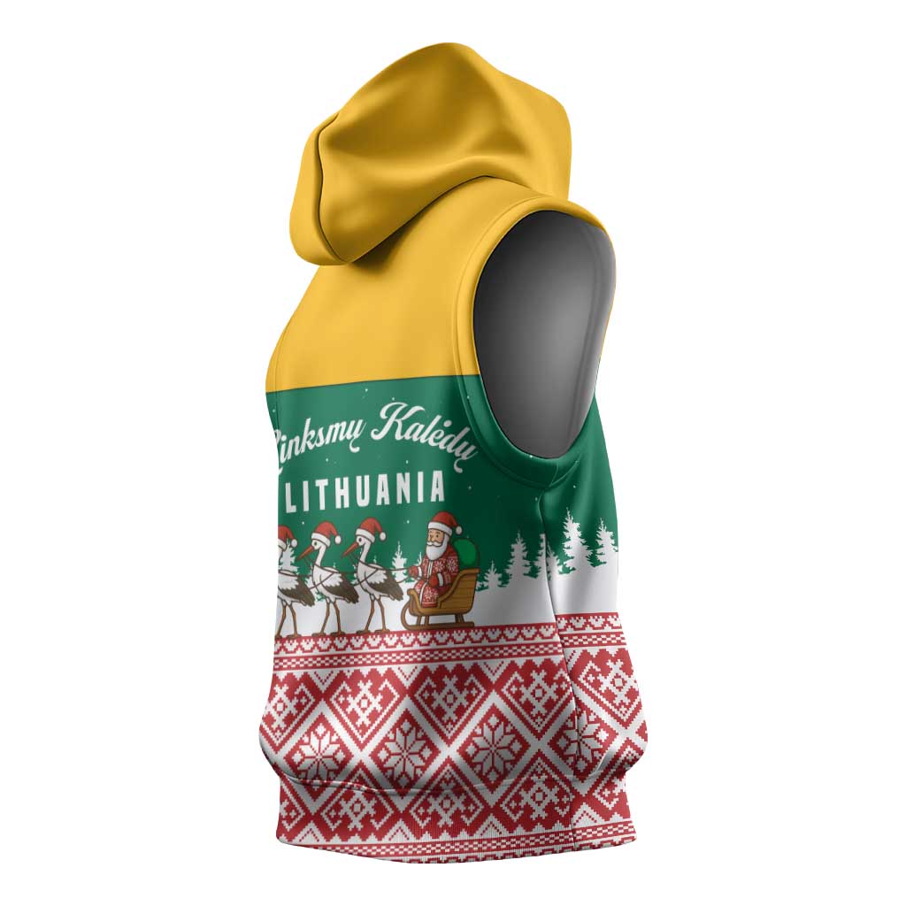 Lithuania Christmas Sleeveless Hoodie with Santa Sleigh Pulled by Storks and Folk Pattern Design - Wonder Print Shop