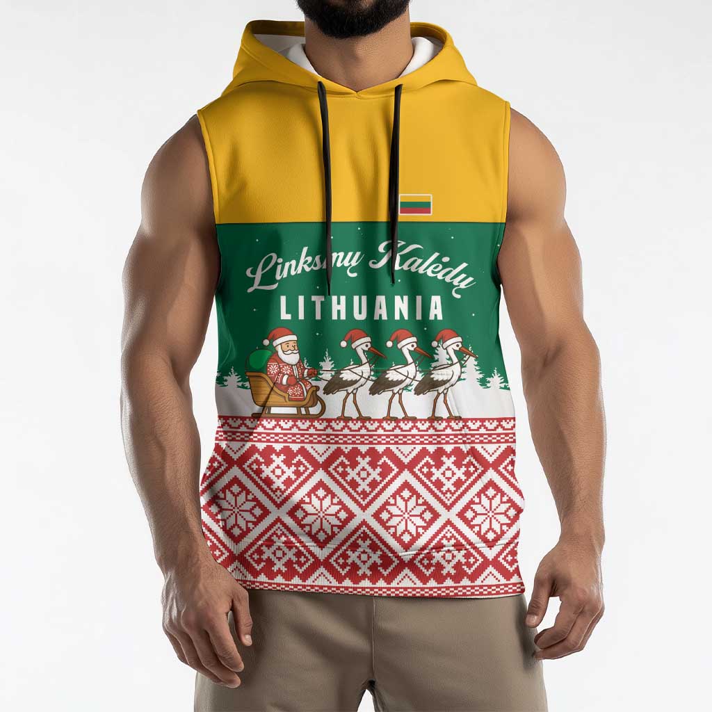 Lithuania Christmas Sleeveless Hoodie with Santa Sleigh Pulled by Storks and Folk Pattern Design - Wonder Print Shop