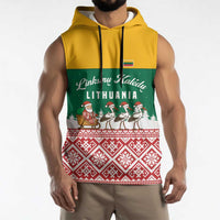 Lithuania Christmas Sleeveless Hoodie with Santa Sleigh Pulled by Storks and Folk Pattern Design - Wonder Print Shop