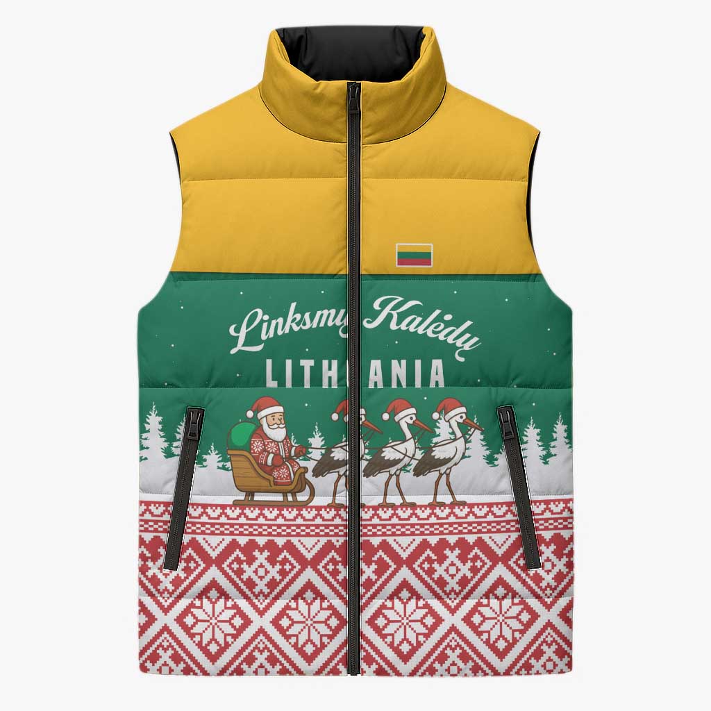 Lithuania Christmas Sleeveless Puffer Jacket with Santa Sleigh Pulled by Storks and Folk Pattern Design - Wonder Print Shop