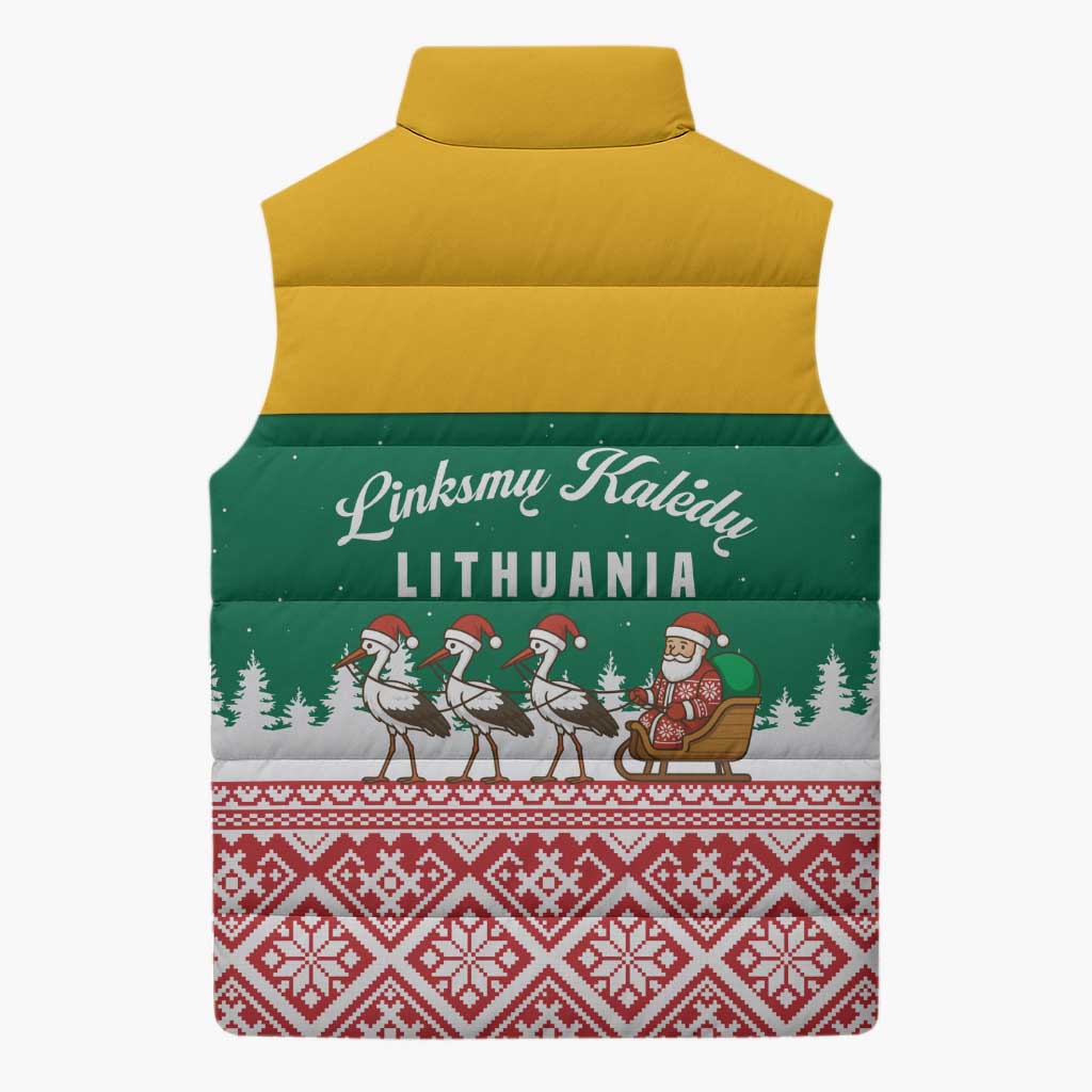 Lithuania Christmas Sleeveless Puffer Jacket with Santa Sleigh Pulled by Storks and Folk Pattern Design - Wonder Print Shop
