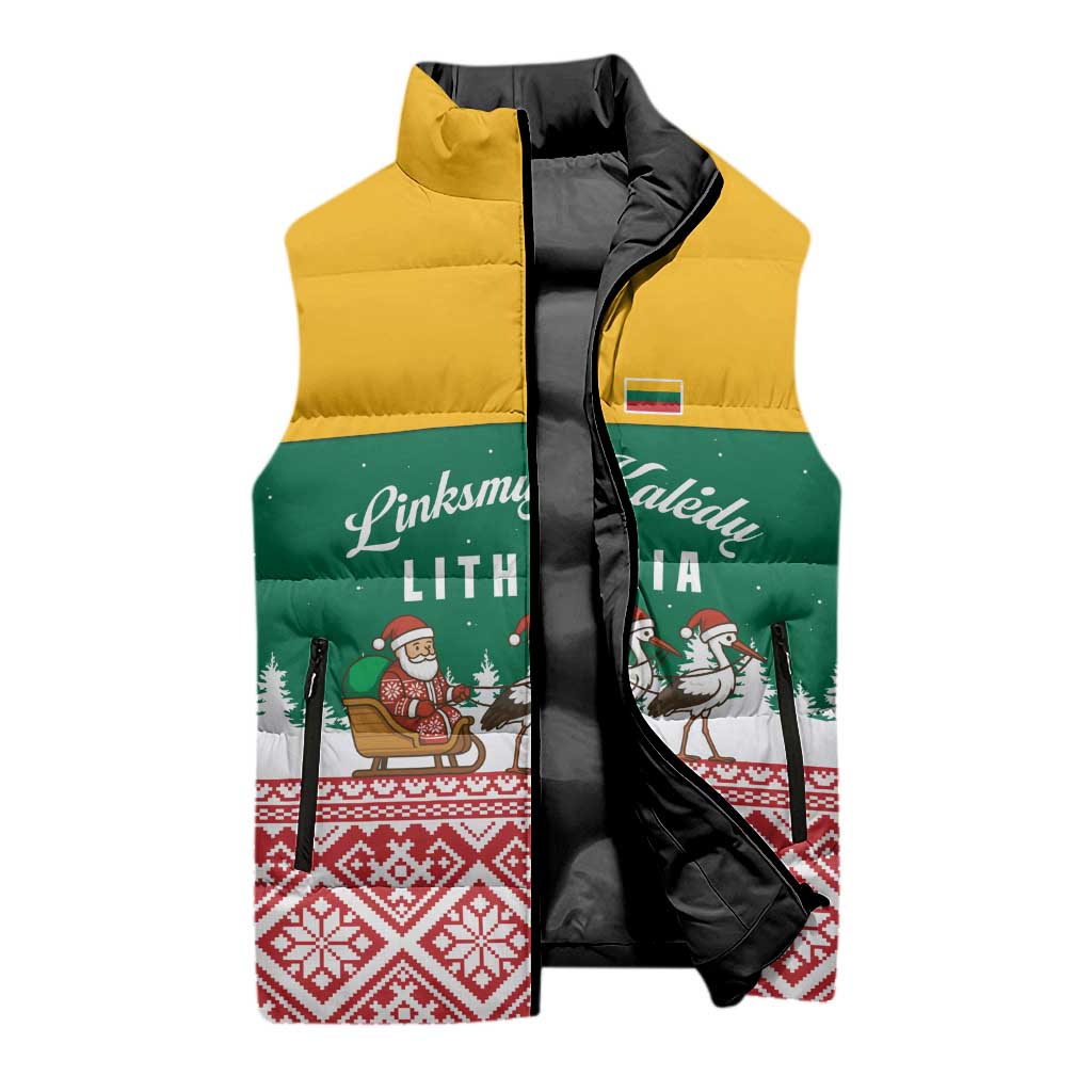 Lithuania Christmas Sleeveless Puffer Jacket with Santa Sleigh Pulled by Storks and Folk Pattern Design - Wonder Print Shop
