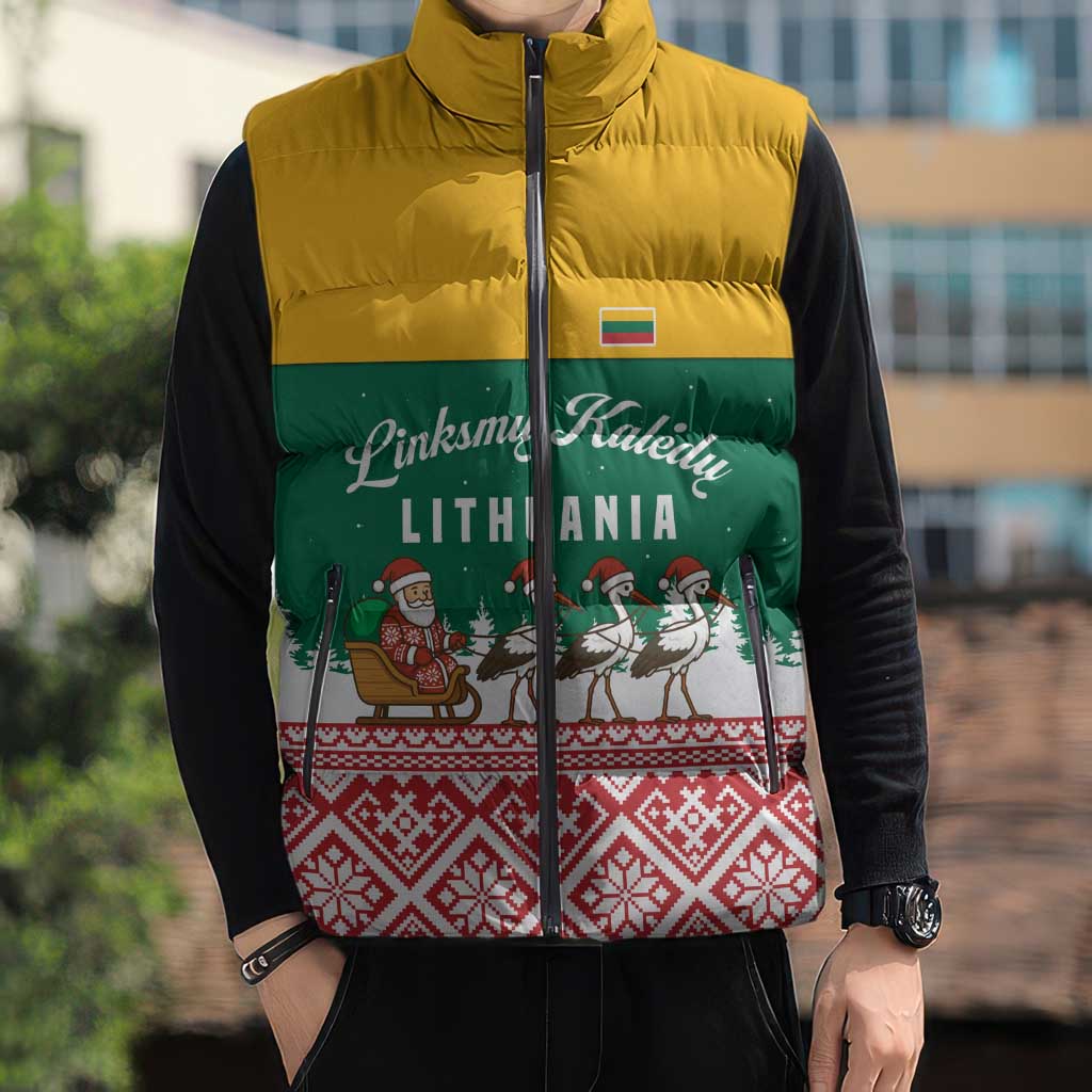 Lithuania Christmas Sleeveless Puffer Jacket with Santa Sleigh Pulled by Storks and Folk Pattern Design - Wonder Print Shop