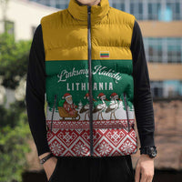 Lithuania Christmas Sleeveless Puffer Jacket with Santa Sleigh Pulled by Storks and Folk Pattern Design - Wonder Print Shop