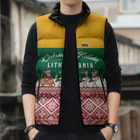 Lithuania Christmas Sleeveless Puffer Jacket with Santa Sleigh Pulled by Storks and Folk Pattern Design - Wonder Print Shop