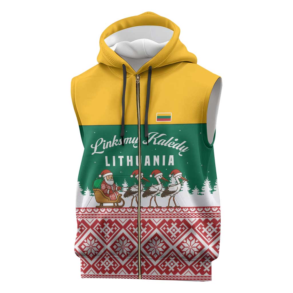 Lithuania Christmas Sleeveless Zip Hoodie with Santa Sleigh Pulled by Storks and Folk Pattern Design - Wonder Print Shop