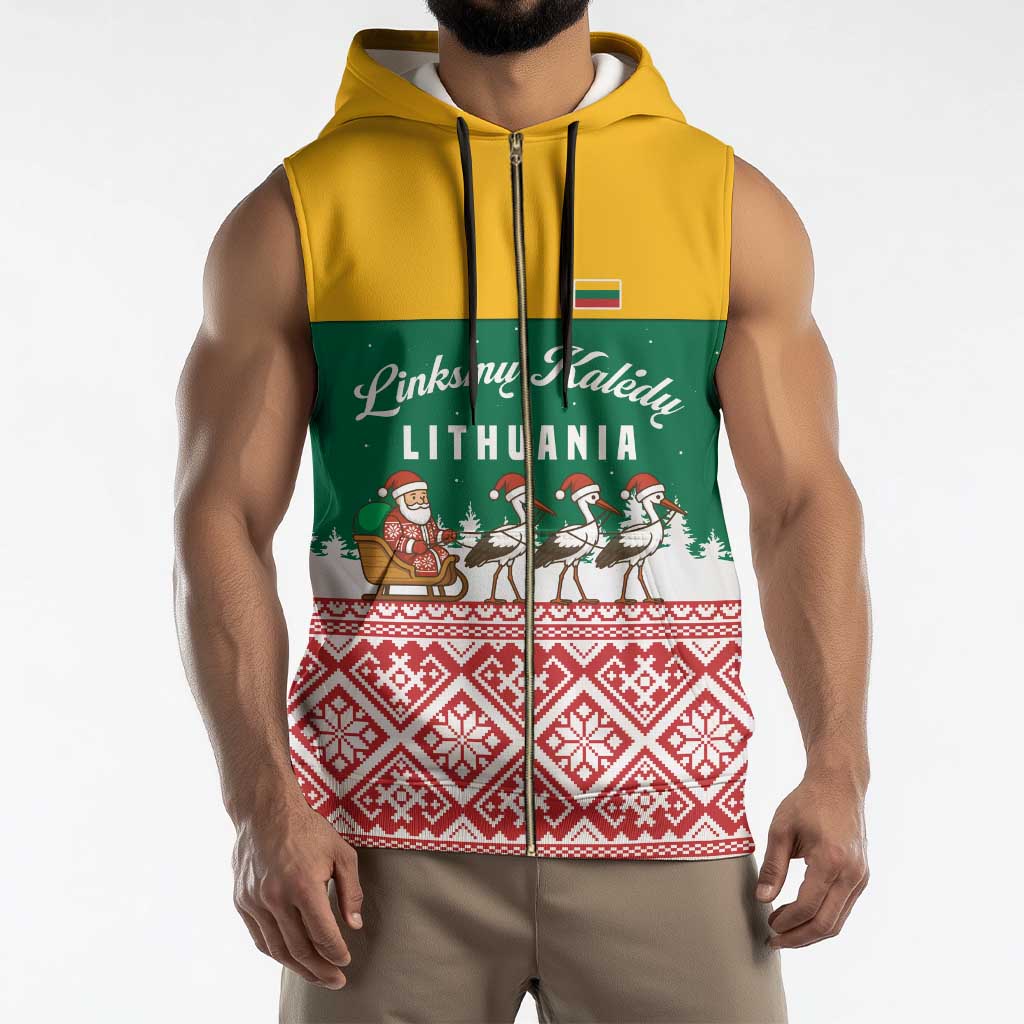 Lithuania Christmas Sleeveless Zip Hoodie with Santa Sleigh Pulled by Storks and Folk Pattern Design - Wonder Print Shop