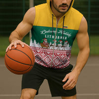 Lithuania Christmas Sleeveless Zip Hoodie with Santa Sleigh Pulled by Storks and Folk Pattern Design - Wonder Print Shop