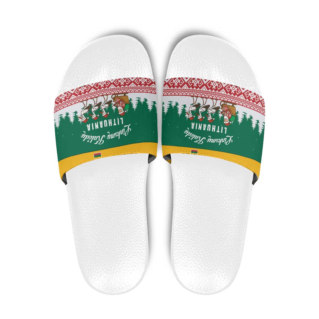 Lithuania Christmas Slide Sandals with Santa Sleigh Pulled by Storks and Folk Pattern Design - Wonder Print Shop