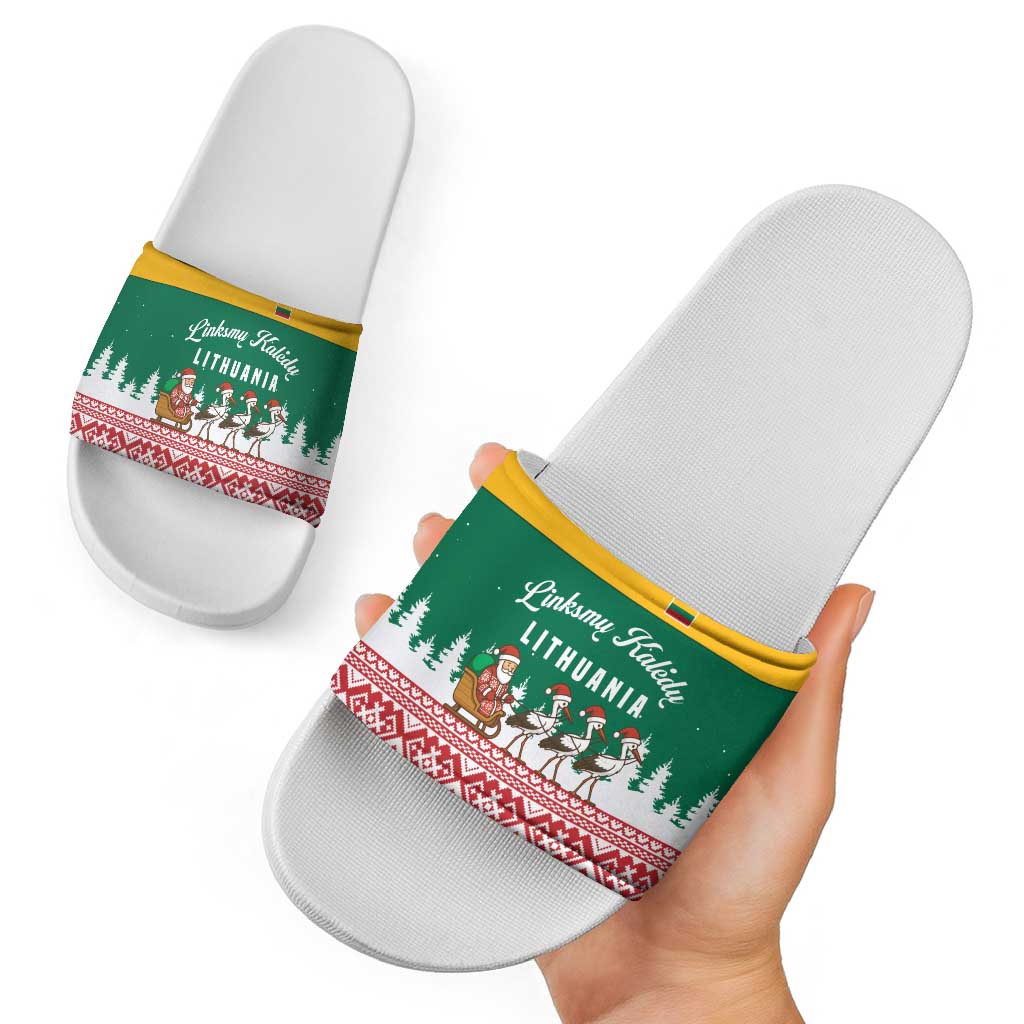 Lithuania Christmas Slide Sandals with Santa Sleigh Pulled by Storks and Folk Pattern Design - Wonder Print Shop
