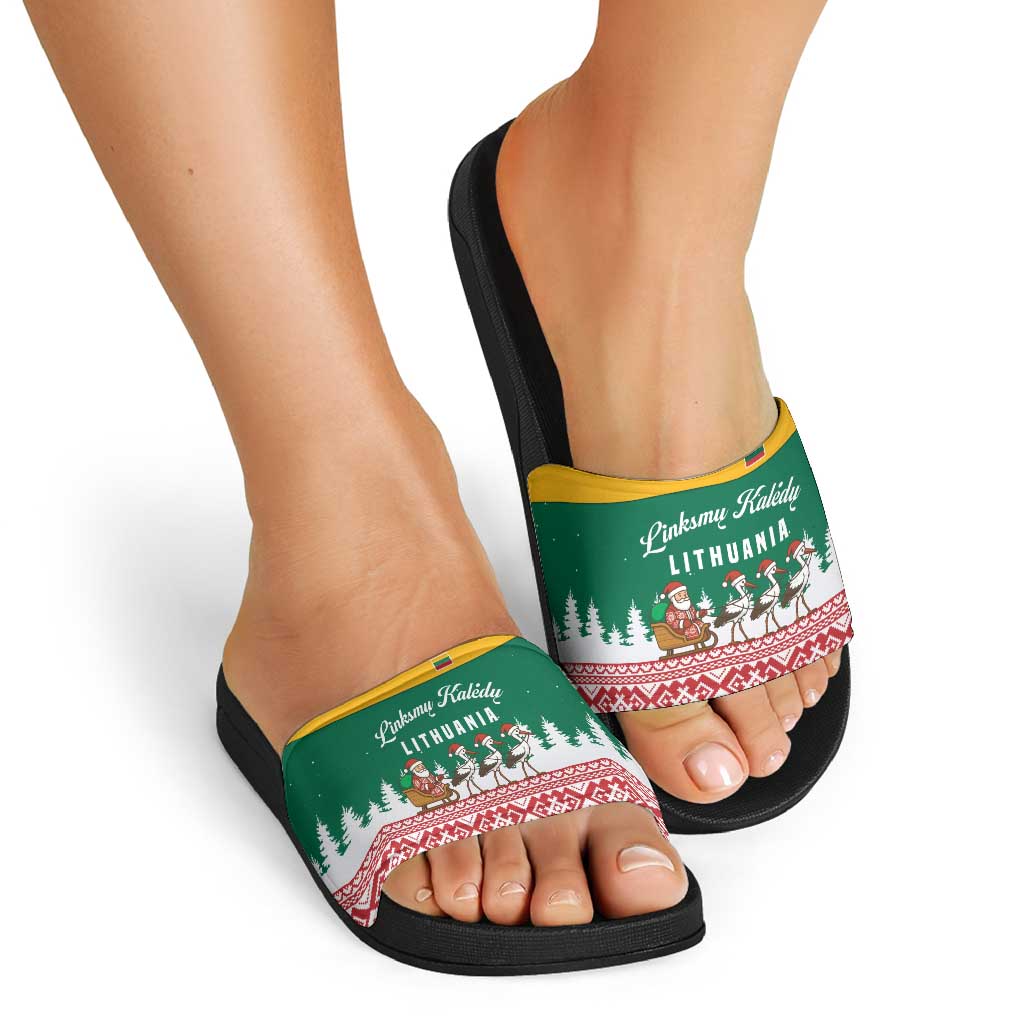 Lithuania Christmas Slide Sandals with Santa Sleigh Pulled by Storks and Folk Pattern Design - Wonder Print Shop