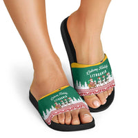 Lithuania Christmas Slide Sandals with Santa Sleigh Pulled by Storks and Folk Pattern Design - Wonder Print Shop