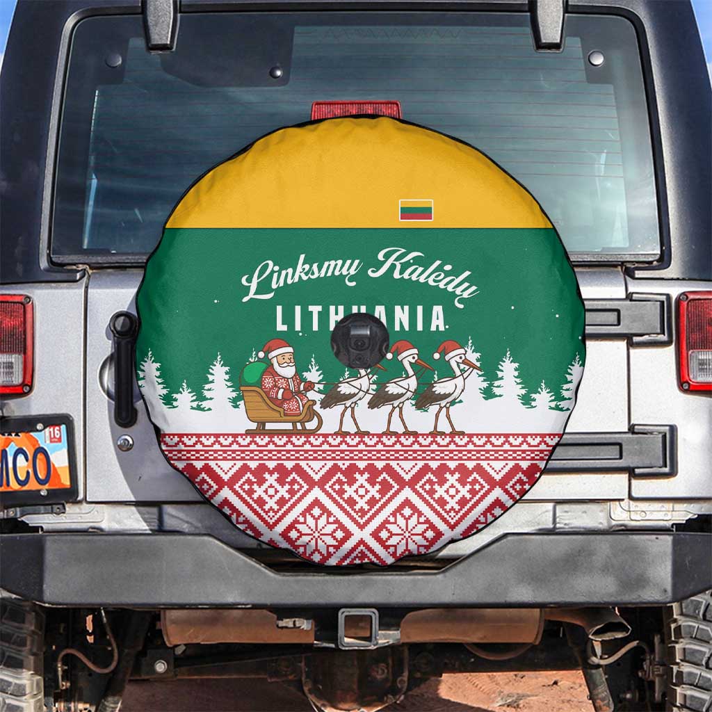 Lithuania Christmas Spare Tire Cover with Santa Sleigh Pulled by Storks and Folk Pattern Design - Wonder Print Shop
