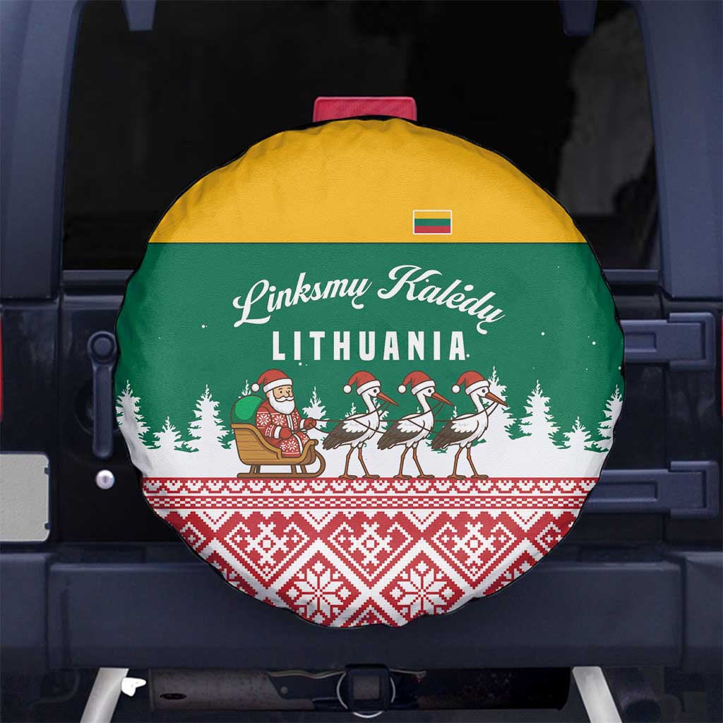 Lithuania Christmas Spare Tire Cover with Santa Sleigh Pulled by Storks and Folk Pattern Design - Wonder Print Shop
