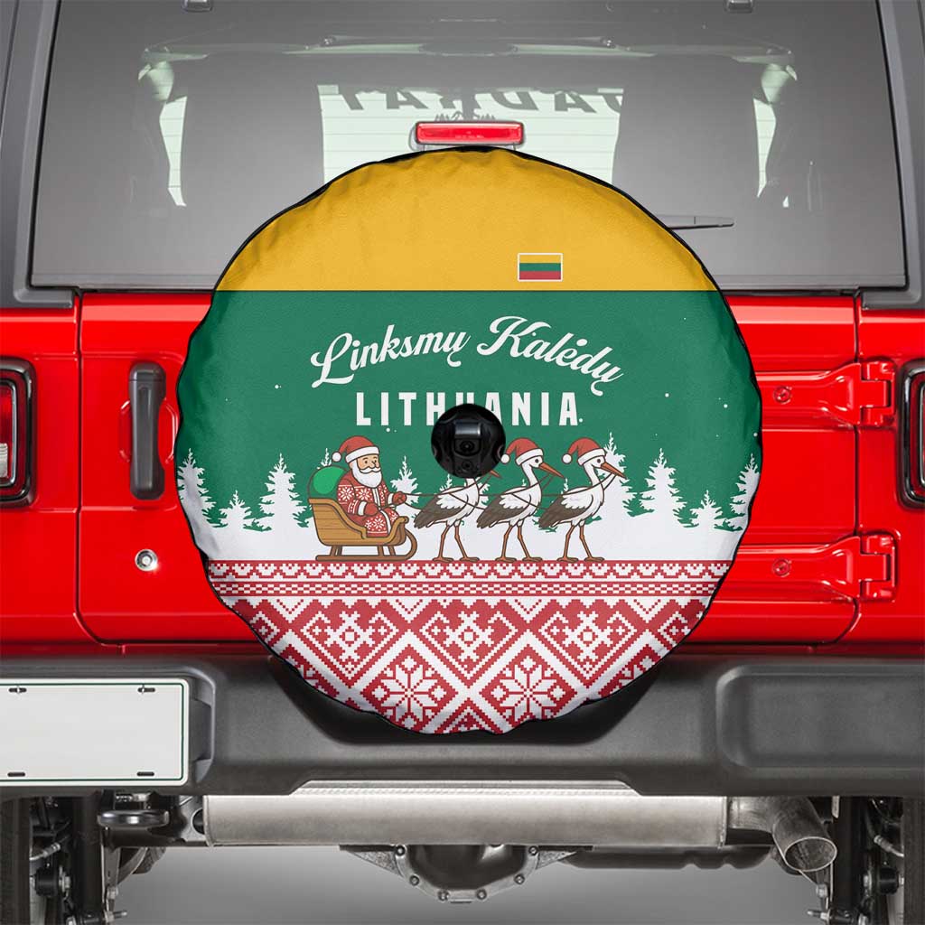Lithuania Christmas Spare Tire Cover with Santa Sleigh Pulled by Storks and Folk Pattern Design - Wonder Print Shop