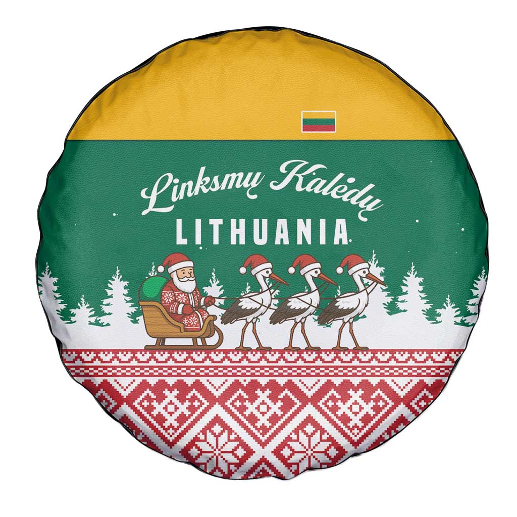 Lithuania Christmas Spare Tire Cover with Santa Sleigh Pulled by Storks and Folk Pattern Design - Wonder Print Shop