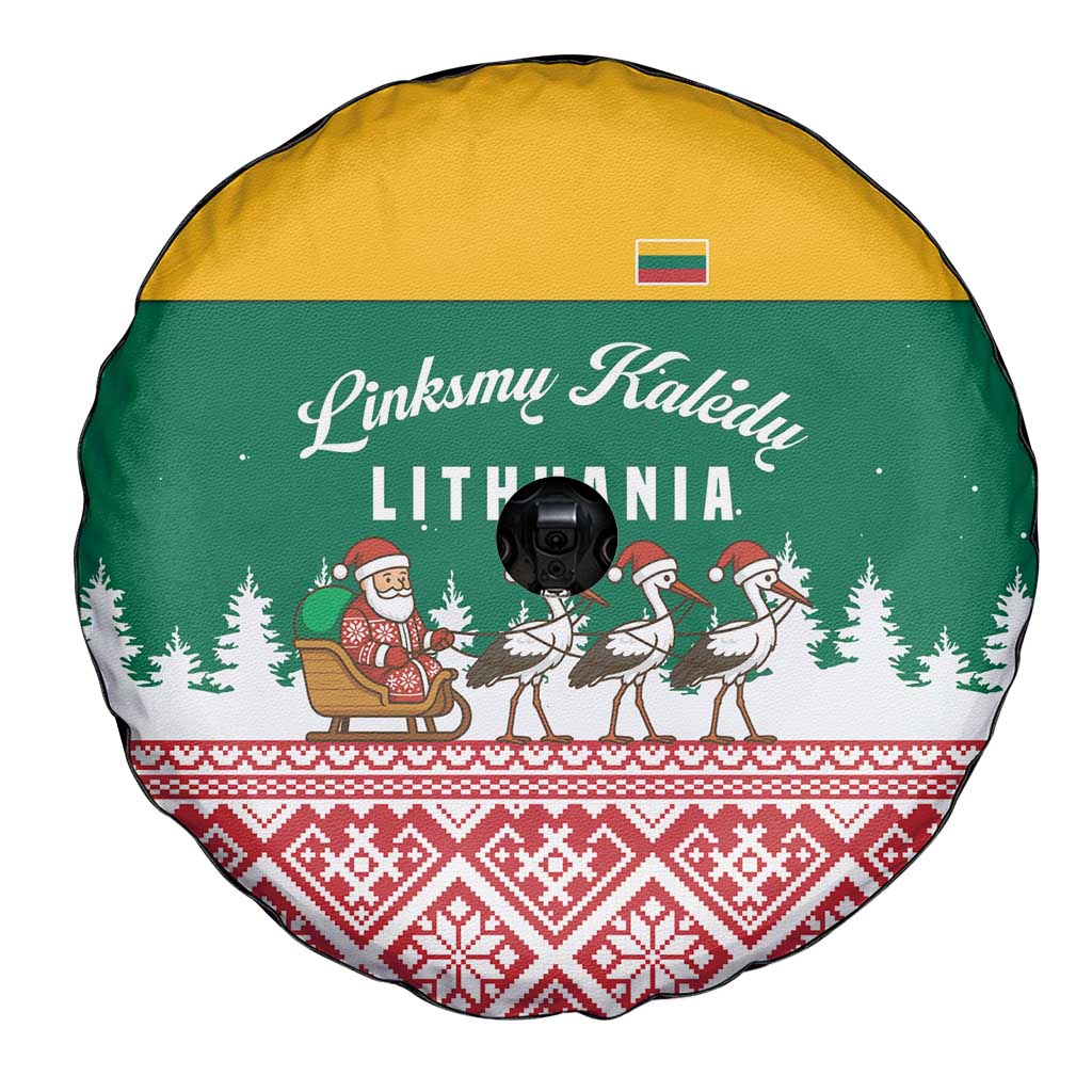 Lithuania Christmas Spare Tire Cover with Santa Sleigh Pulled by Storks and Folk Pattern Design - Wonder Print Shop