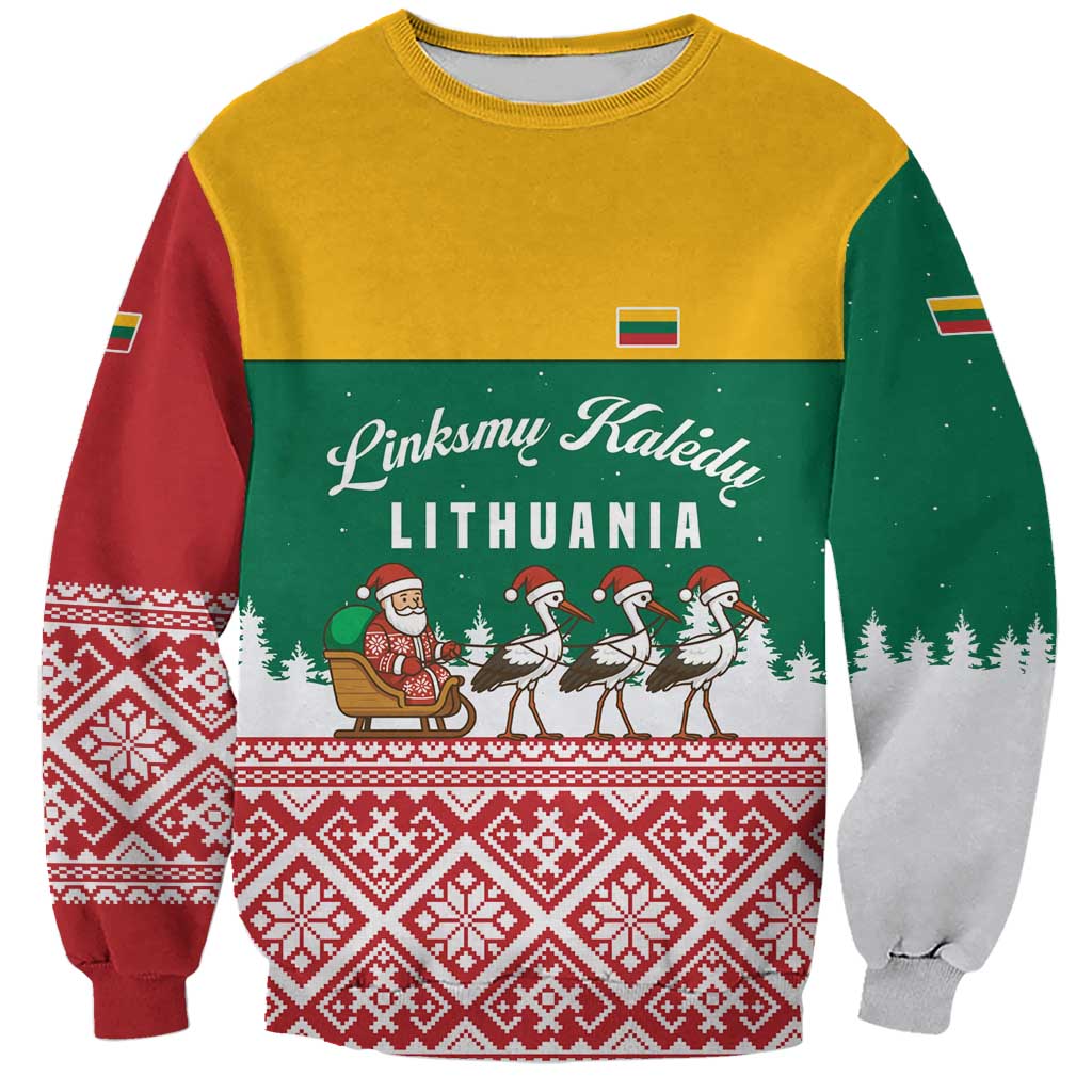 Lithuania Christmas Sweatshirt with Santa Sleigh Pulled by Storks and Folk Pattern Design - Wonder Print Shop