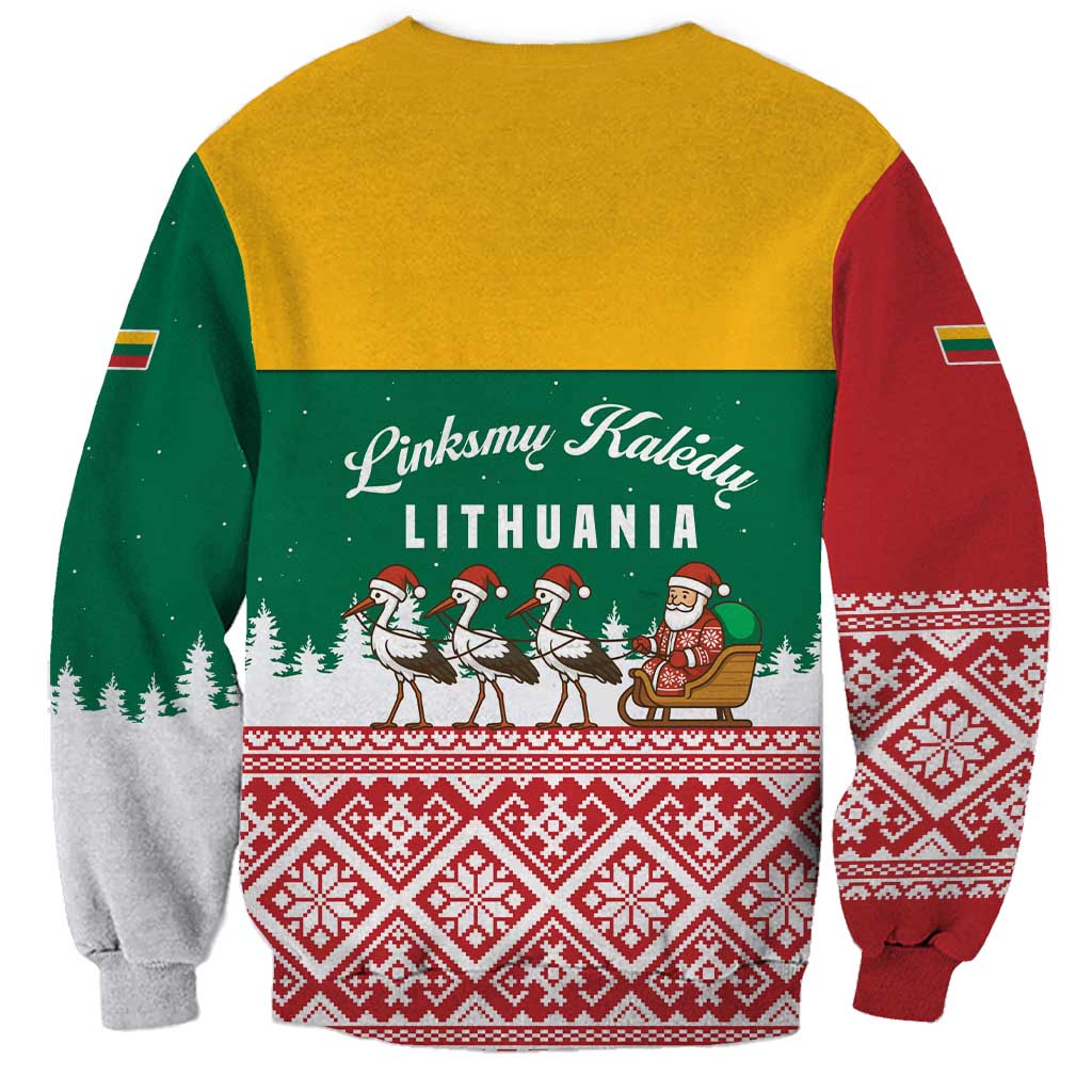 Lithuania Christmas Sweatshirt with Santa Sleigh Pulled by Storks and Folk Pattern Design - Wonder Print Shop