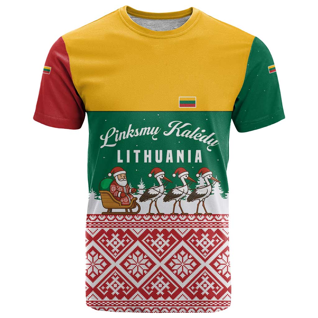 Lithuania Christmas T Shirt with Santa Sleigh Pulled by Storks and Folk Pattern Design - Wonder Print Shop