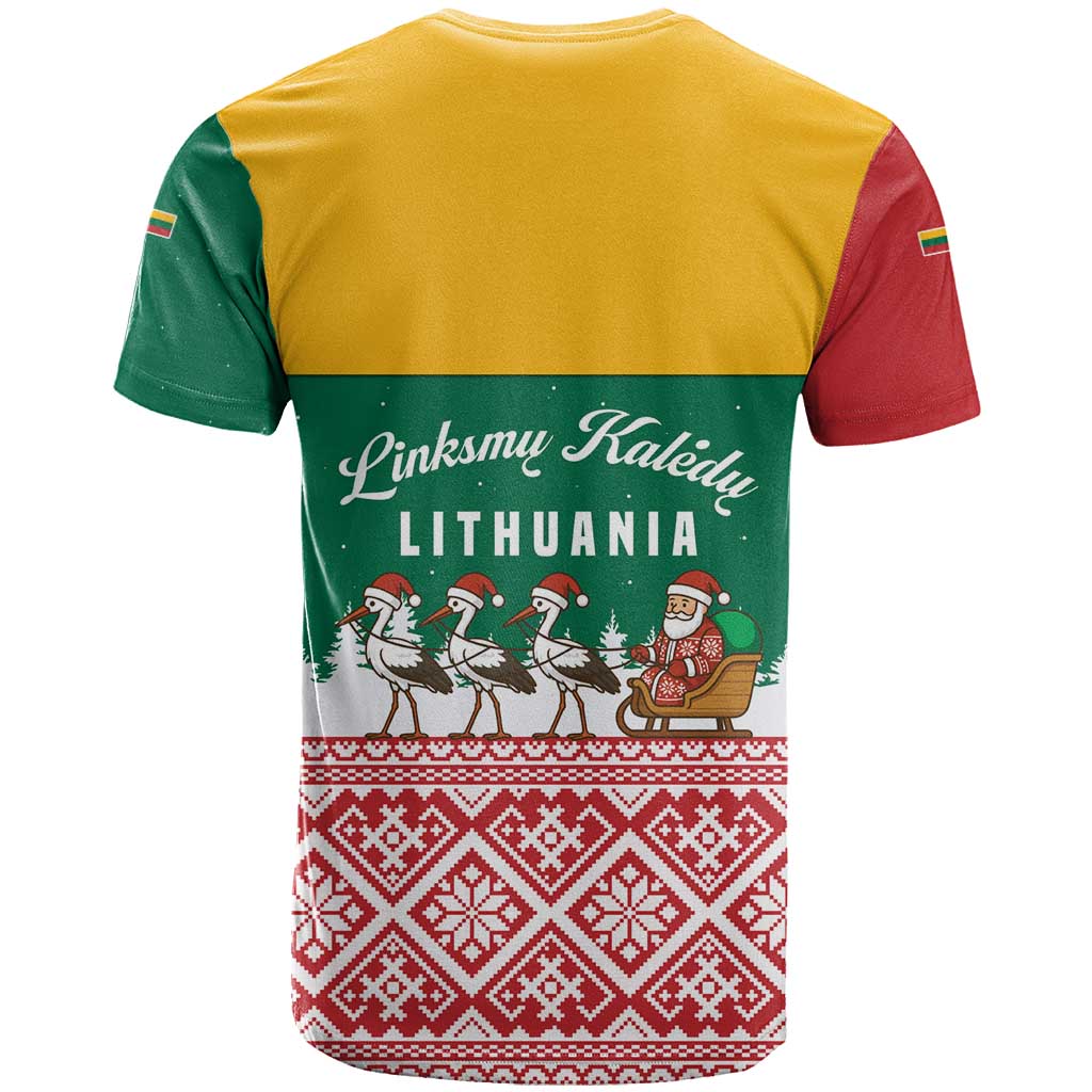 Lithuania Christmas T Shirt with Santa Sleigh Pulled by Storks and Folk Pattern Design - Wonder Print Shop