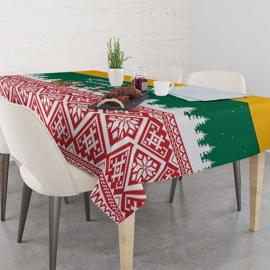 Lithuania Christmas Tablecloth with Santa Sleigh Pulled by Storks and Folk Pattern Design - Wonder Print Shop