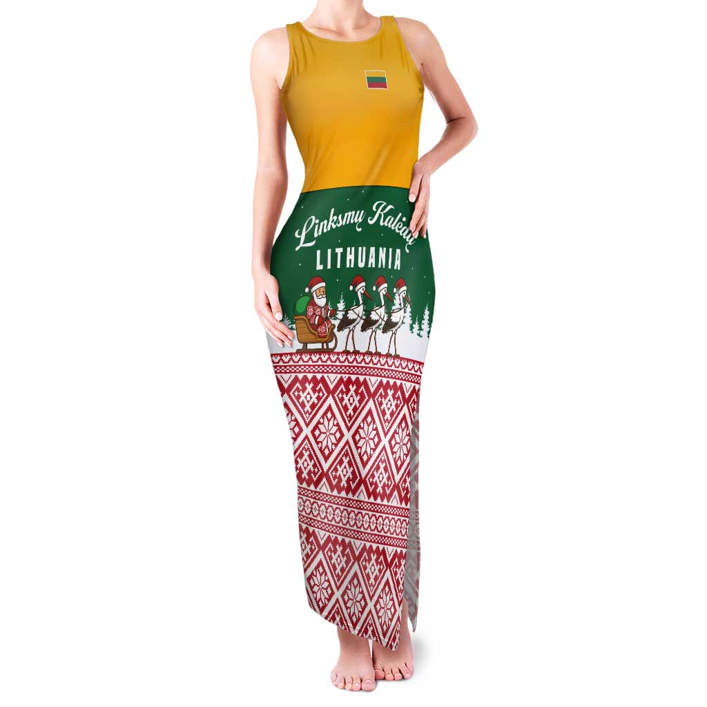 Lithuania Christmas Tank Maxi Dress with Santa Sleigh Pulled by Storks and Folk Pattern Design - Wonder Print Shop