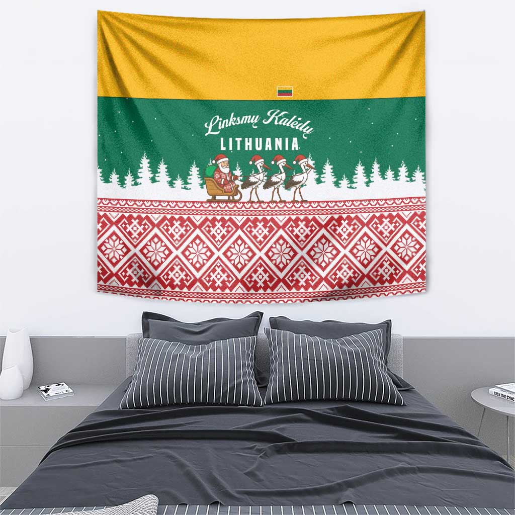 Lithuania Christmas Tapestry with Santa Sleigh Pulled by Storks and Folk Pattern Design - Wonder Print Shop
