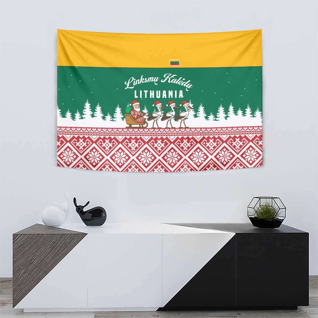 Lithuania Christmas Tapestry with Santa Sleigh Pulled by Storks and Folk Pattern Design - Wonder Print Shop