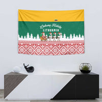 Lithuania Christmas Tapestry with Santa Sleigh Pulled by Storks and Folk Pattern Design - Wonder Print Shop