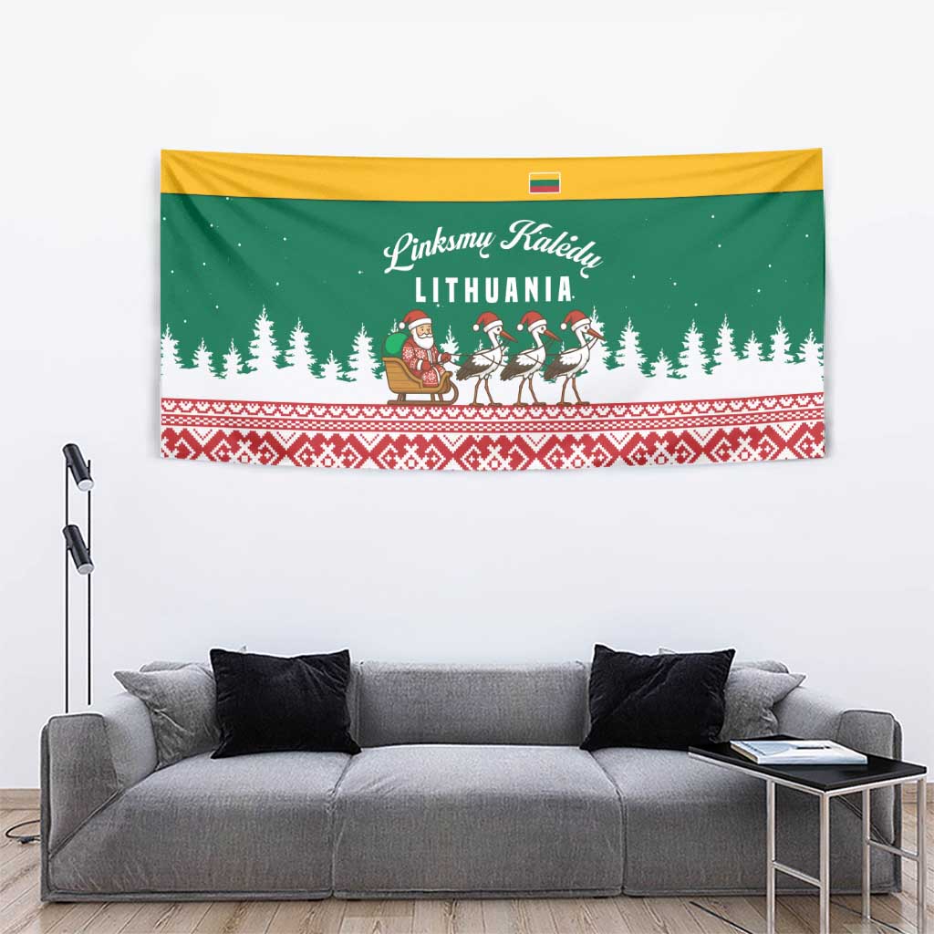 Lithuania Christmas Tapestry with Santa Sleigh Pulled by Storks and Folk Pattern Design - Wonder Print Shop