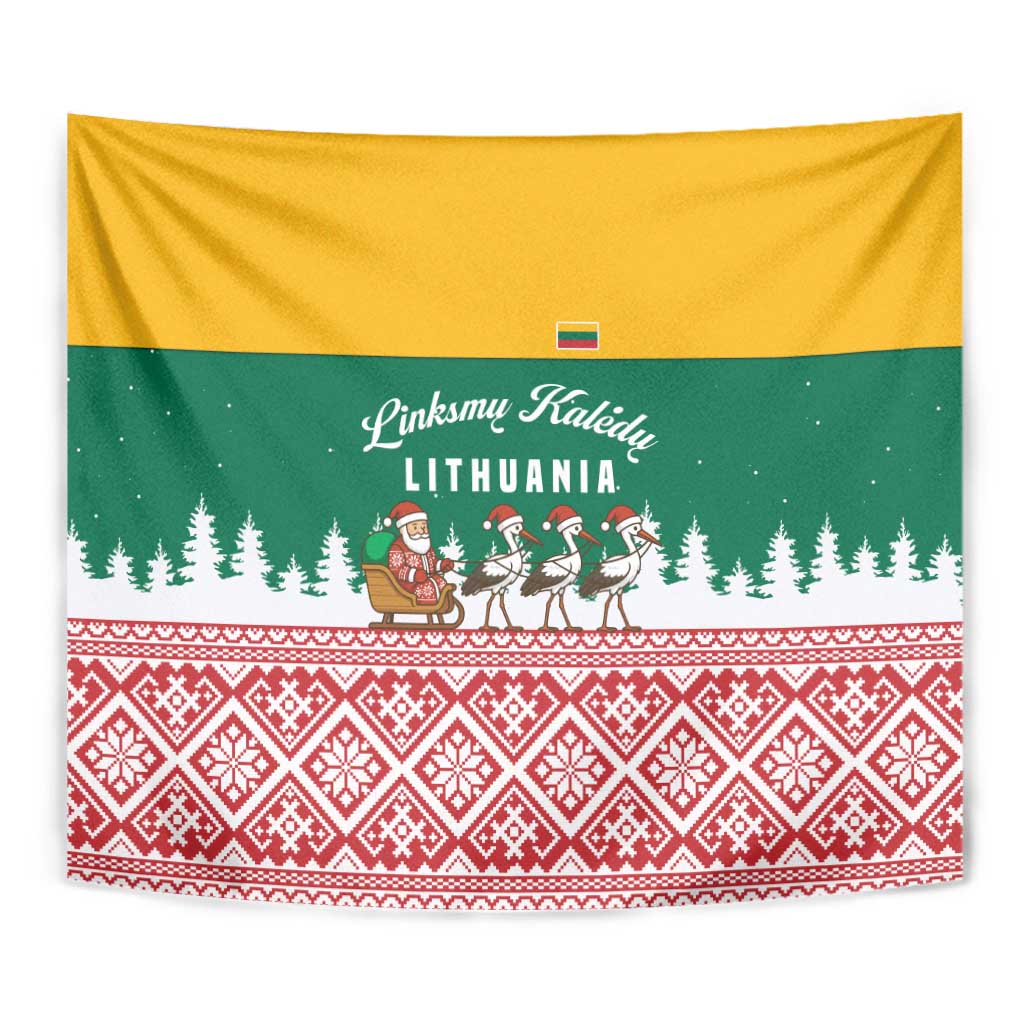 Lithuania Christmas Tapestry with Santa Sleigh Pulled by Storks and Folk Pattern Design - Wonder Print Shop