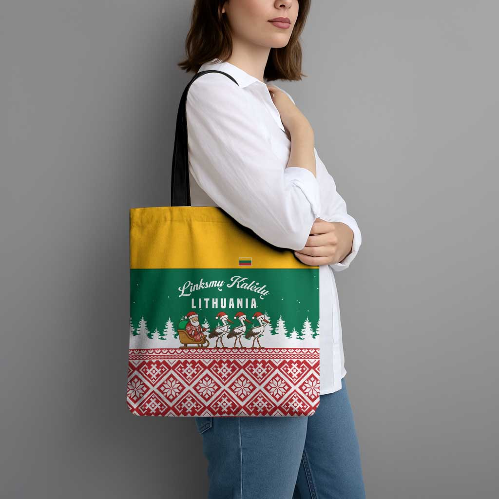 Lithuania Christmas Tote Bag with Santa Sleigh Pulled by Storks and Folk Pattern Design - Wonder Print Shop