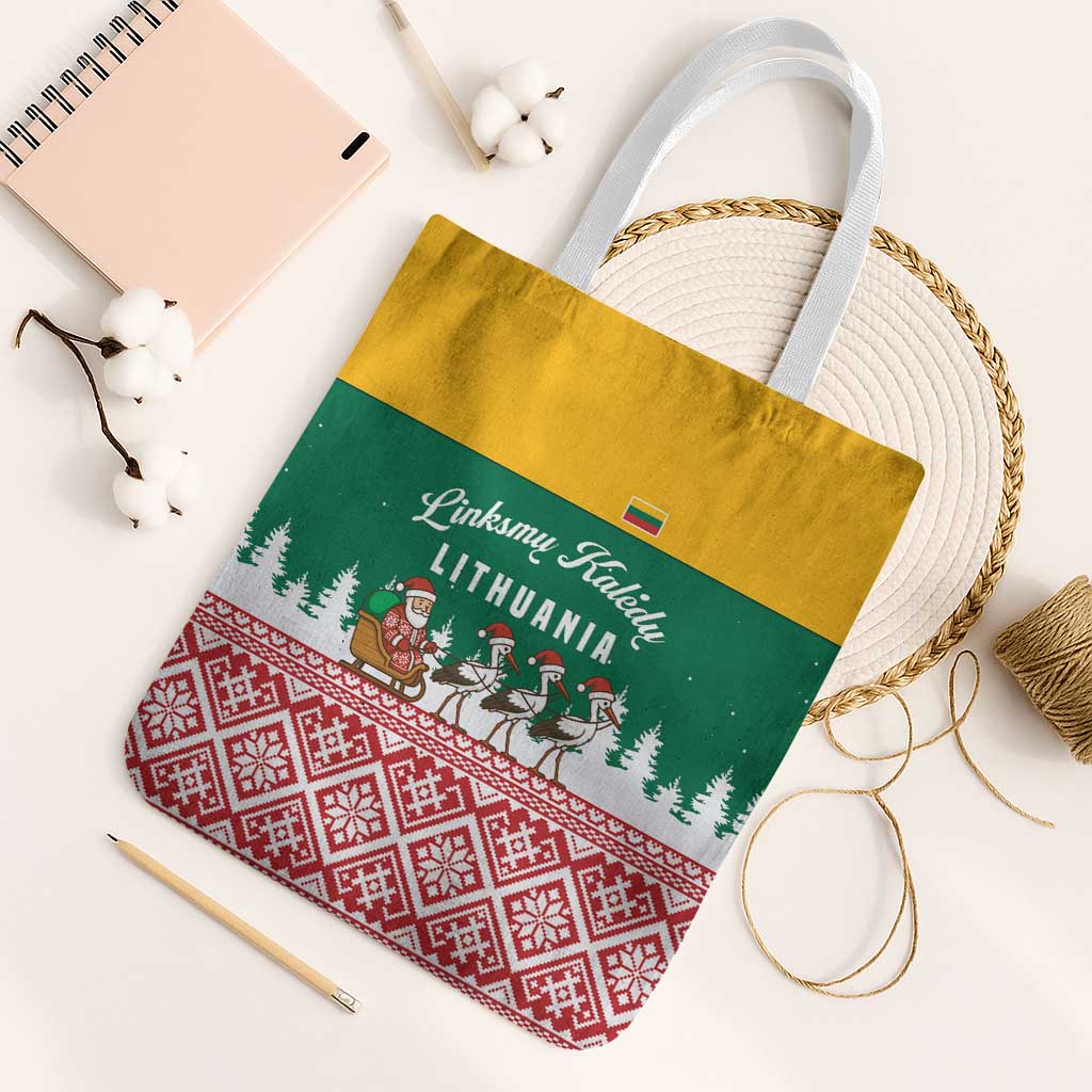 Lithuania Christmas Tote Bag with Santa Sleigh Pulled by Storks and Folk Pattern Design - Wonder Print Shop