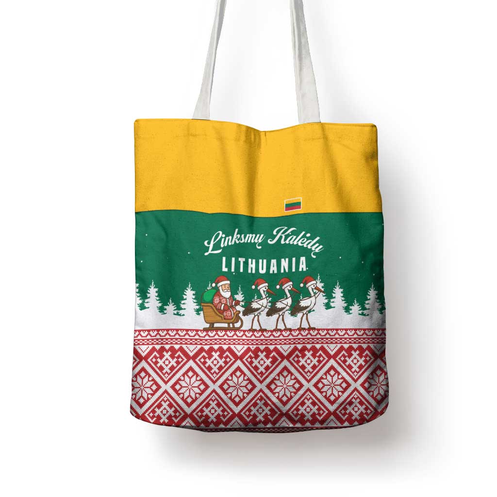 Lithuania Christmas Tote Bag with Santa Sleigh Pulled by Storks and Folk Pattern Design - Wonder Print Shop