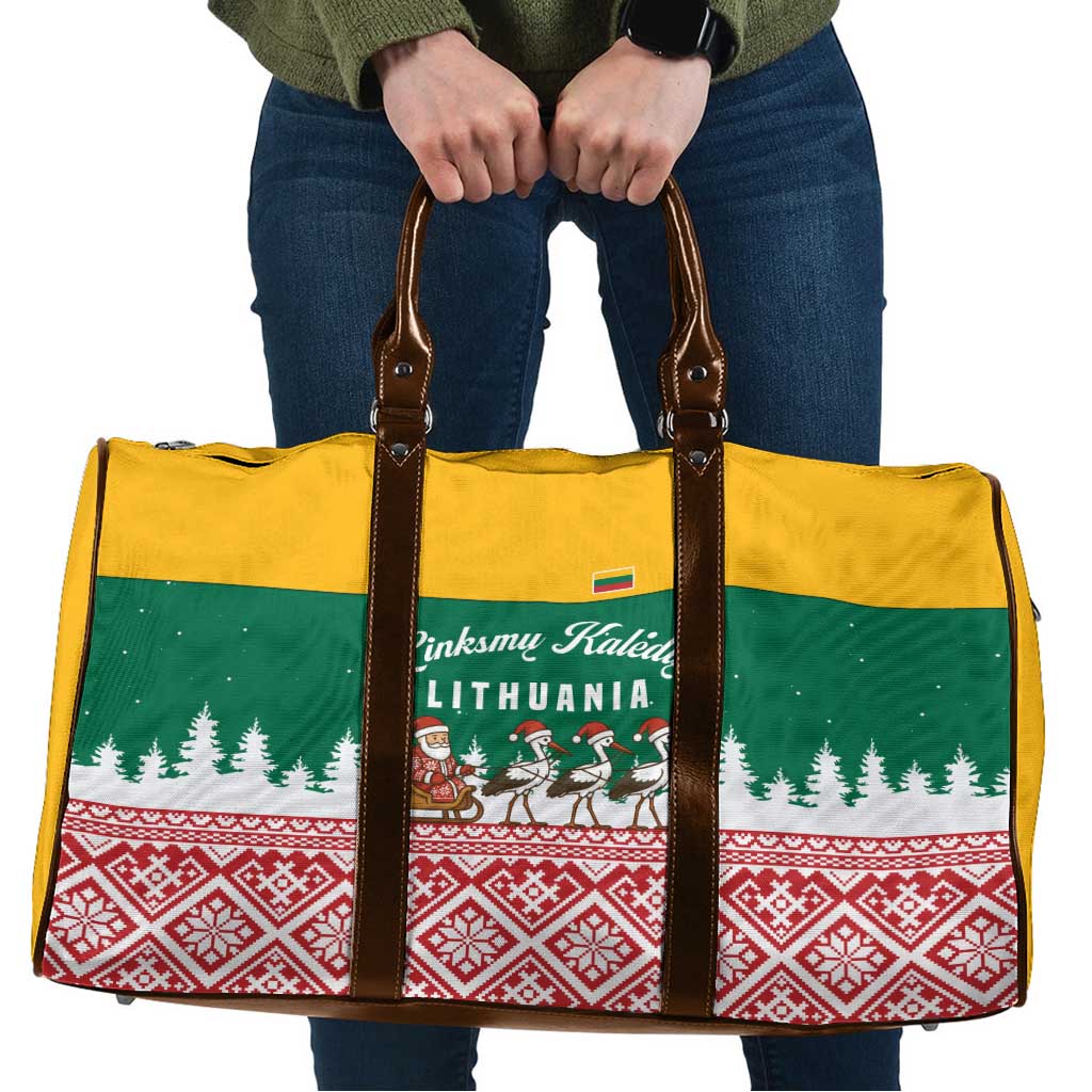 Lithuania Christmas Travel Bag with Santa Sleigh Pulled by Storks and Folk Pattern Design - Wonder Print Shop