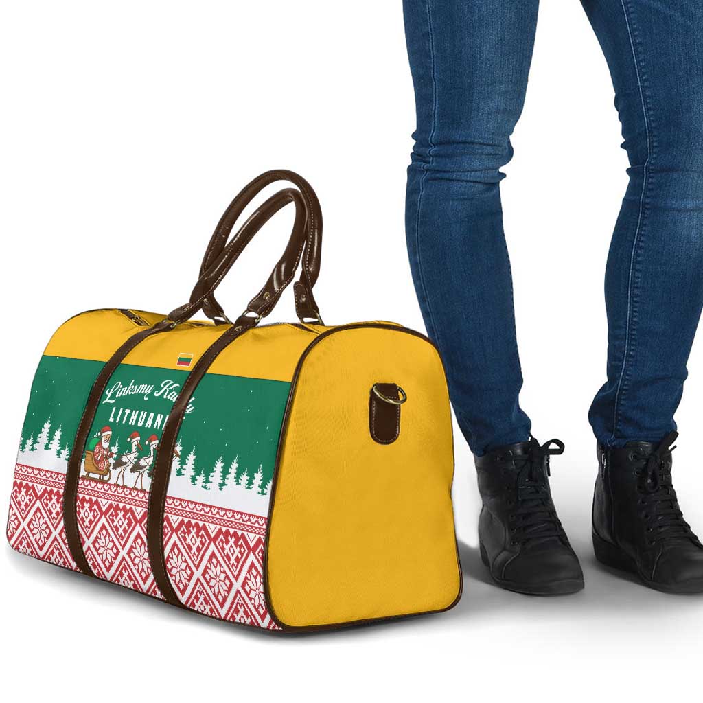 Lithuania Christmas Travel Bag with Santa Sleigh Pulled by Storks and Folk Pattern Design - Wonder Print Shop