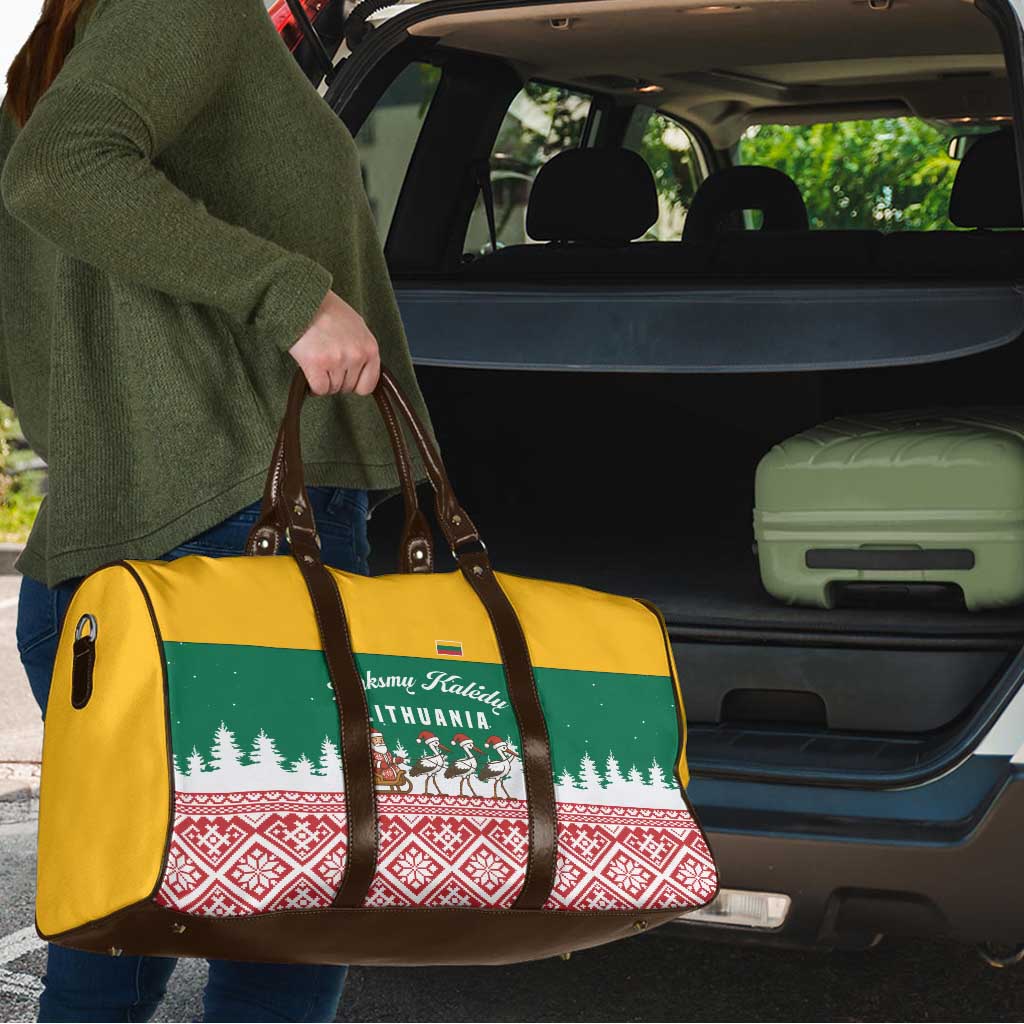 Lithuania Christmas Travel Bag with Santa Sleigh Pulled by Storks and Folk Pattern Design - Wonder Print Shop