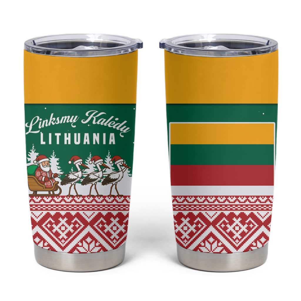Lithuania Christmas Tumbler Cup with Santa Sleigh Pulled by Storks and Folk Pattern Design - Wonder Print Shop